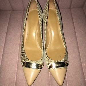 Coach Bowery Snake Pointed Toe Dress Heels size 6.5 B Taupe & Brown Toe Pump